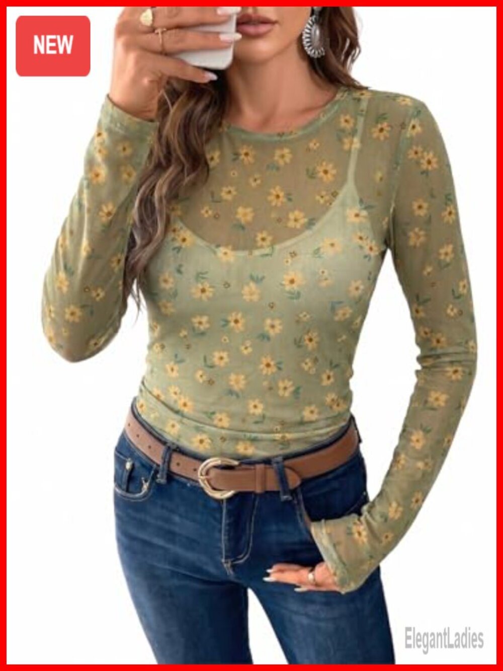 Mesh Tops for Women Sheer Long Sleeve Shirt Pullover Crew Neck Regular Fit